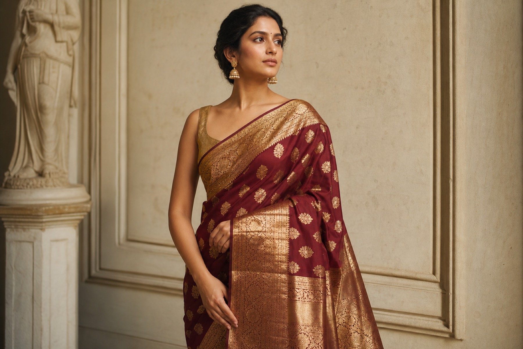 Wine Banarasi silk saree with gold zari, draped